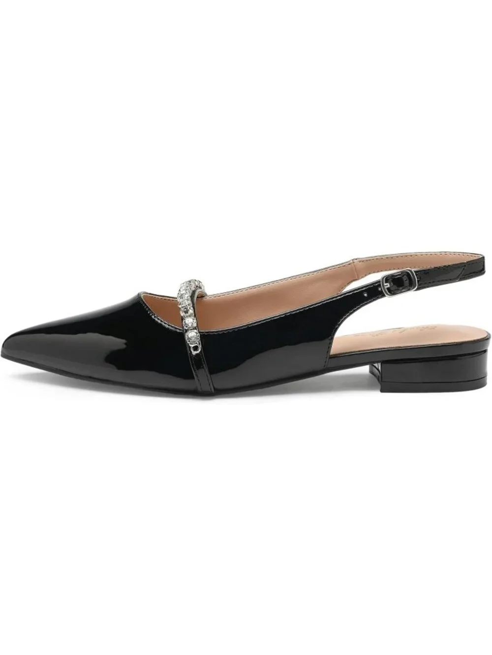 Women's Black Patent Slingback Flats With Rhinestone Pointed Toe Backstrap Shoes